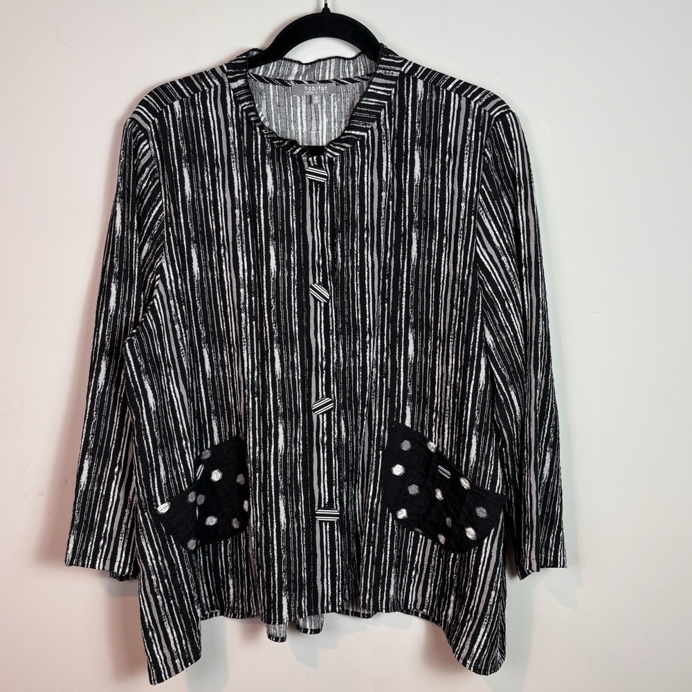 Habitat Women's Black white Striped Artsy Button  Front Boho Lagenlook Top XL